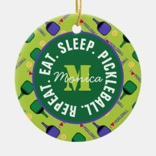 I love Pickleball green, with name, initial, text Ceramic Ornament