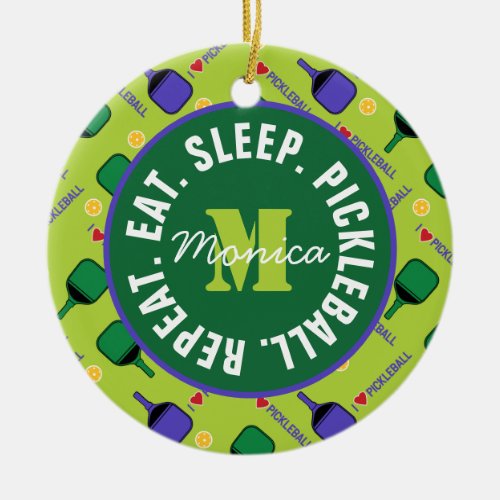 I love Pickleball green with name initial text Ceramic Ornament