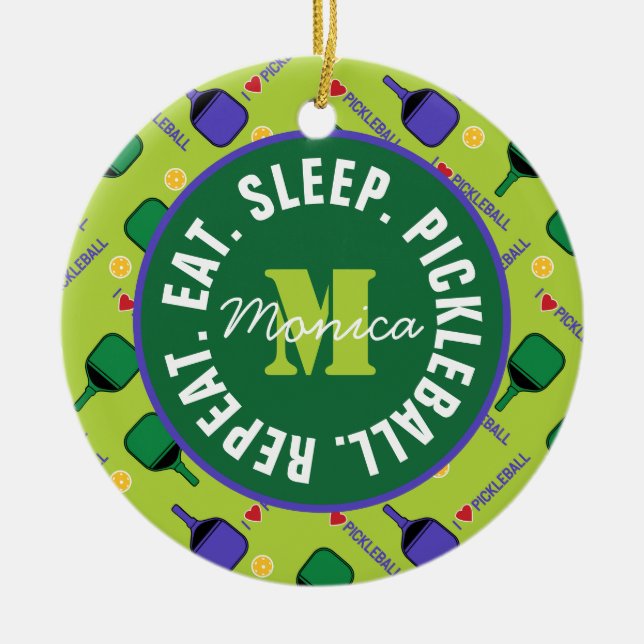 I love Pickleball green, with name, initial, text Ceramic Ornament (Front)