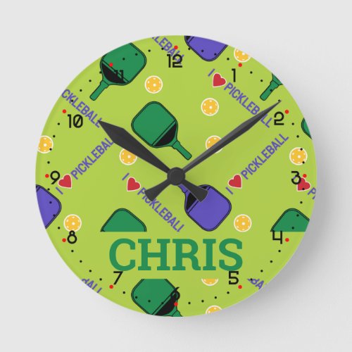 I love Pickleball green with name  Round Clock