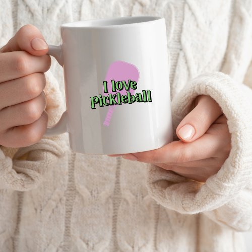 I love pickleball in Green Typography Pink Paddle Coffee Mug