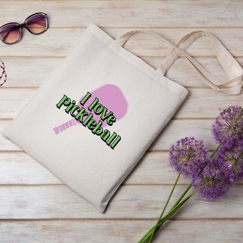 I love pickleball in Green Typography Pink Paddle Tote Bag
