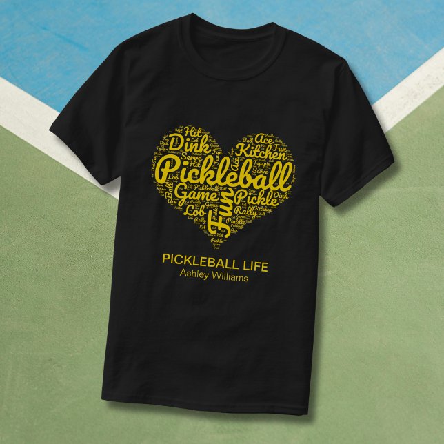 I Love Pickleball Personalized Name Word Art Heart T-Shirt (Replace Text & Name to customize.  See collection for other matching items eg hat, bottle, keychain)