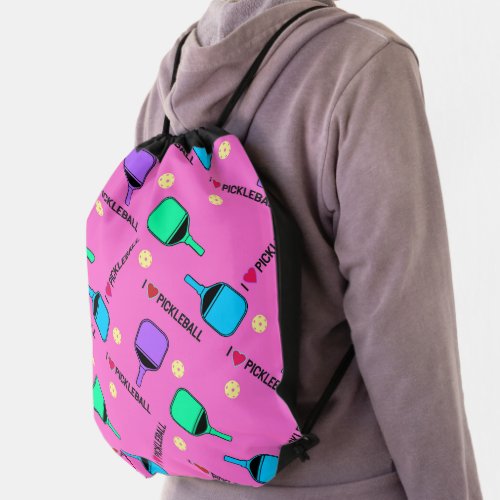 I love Pickleball pink  Drawstring Bag