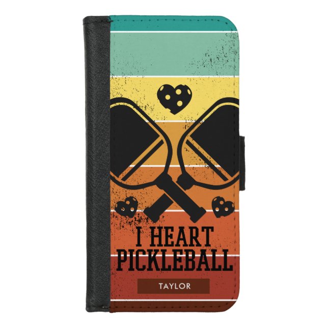 I Love Pickleball | Retro Stripes Monogram Name iPhone Wallet Case (Front)