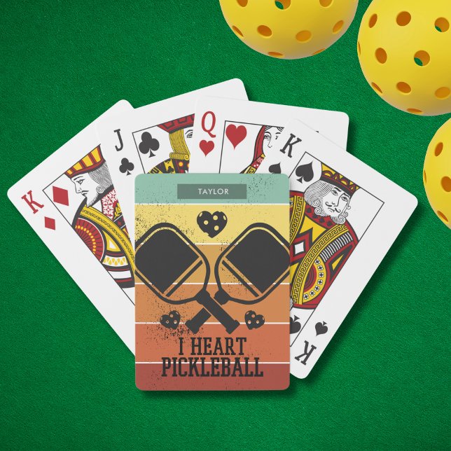 I Love Pickleball Retro Stripes Monogram Name  Poker Cards (Personalize with a Name. Ideal for the pickleballer in your life)