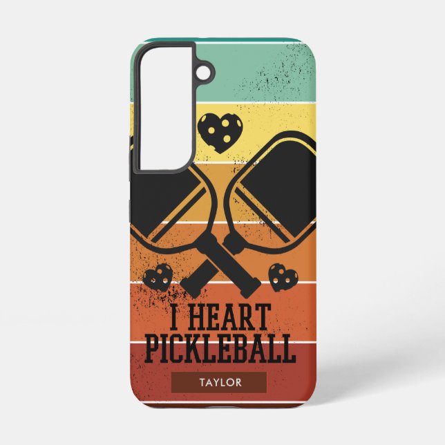 I Love Pickleball | Retro Stripes Monogram Name Samsung Galaxy Case (Back)