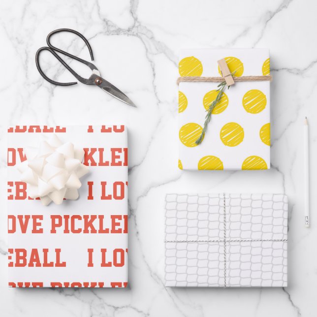 I LOVE PICKLEBALL Sports Game Ball Net Text Fun Wrapping Paper Sheets (Front)