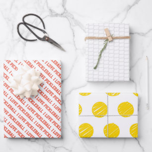 I LOVE PICKLEBALL Sports Typography Balls Net Fun Wrapping Paper Sheets