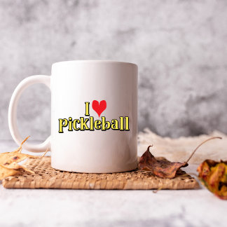 I love pickleball Text on Yellow with Red Heart Coffee Mug