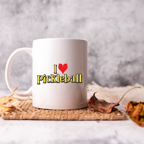 I love pickleball Text on Yellow with Red Heart Coffee Mug
