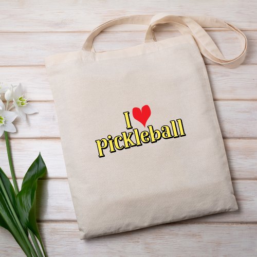 I love pickleball Text on Yellow with Red Heart Tote Bag