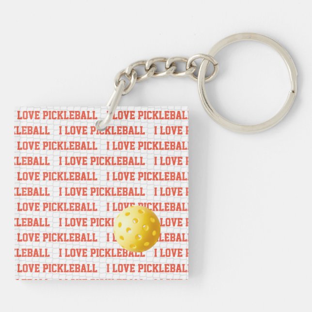 I LOVE PICKLEBALL Text Sports Game Ball Net Fun Keychain (Back)