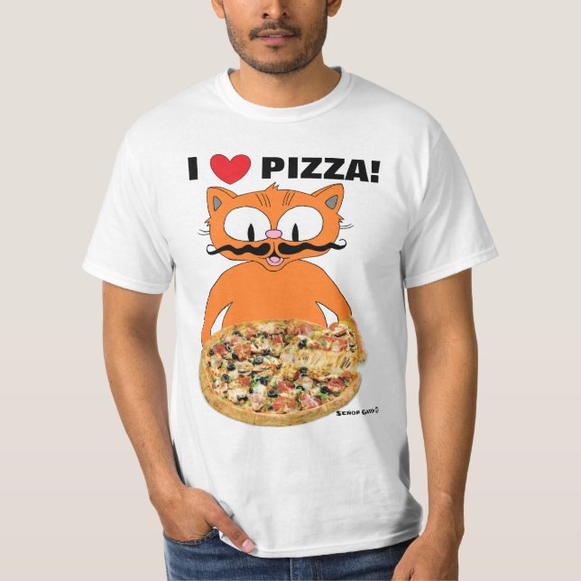 I love pizza! Funny Cute Cartoon Mustache Cat T-Shirt (Front)