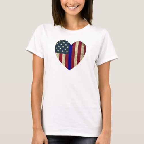 I Love Police Thin Blue Line American Heart Flag T T_Shirt