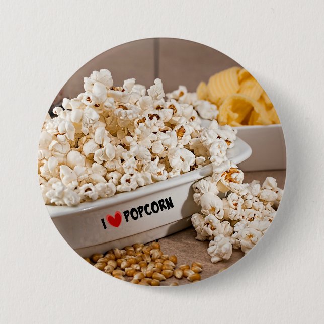 I Love Popcorn Pinback Button (Front)