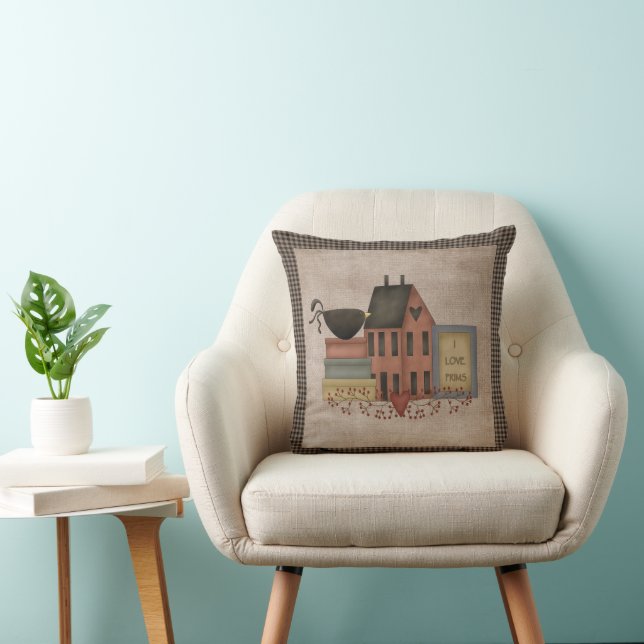 I Love Prims - Red Saltbox  - Primitive Country Throw Pillow (Chair)