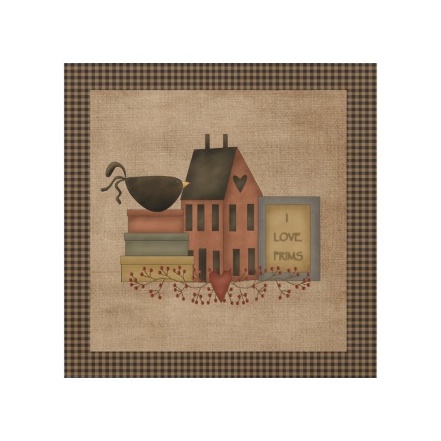 I Love Prims - Red Saltbox - Primitive Country Wood Wall Art (Front)