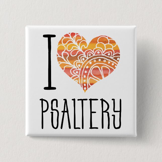 I Love Psaltery Orange Mandala Heart Button (Front)
