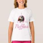 I Love Puffins Bird Wildlife Pink Kids T-Shirt<br><div class="desc">This I LOVE PUFFINS kids t-shirt is a great Birthday gift for a girl who loves birds, wildlife and nature. The puffin is definitely top of the list when it comes to the world's favorite birds and the front features a stunning photograph of a Puffin on Skomer Island in Wales...</div>