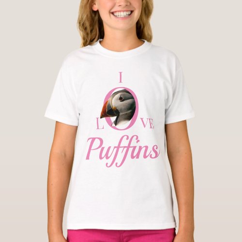 I Love Puffins Bird Wildlife Pink Kids T_Shirt