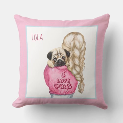 I love Pug n Dachshund girl with puppy custom name Throw Pillow