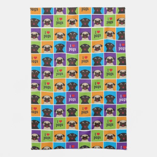 I love Pugs Blue Purple Lime Orange Squares Kitchen Towel