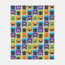 I Love Pugs Color Square Fleece Blanket II