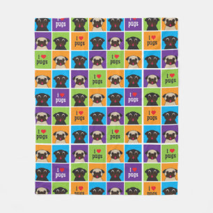I Love Pugs Color Square Fleece Blanket II