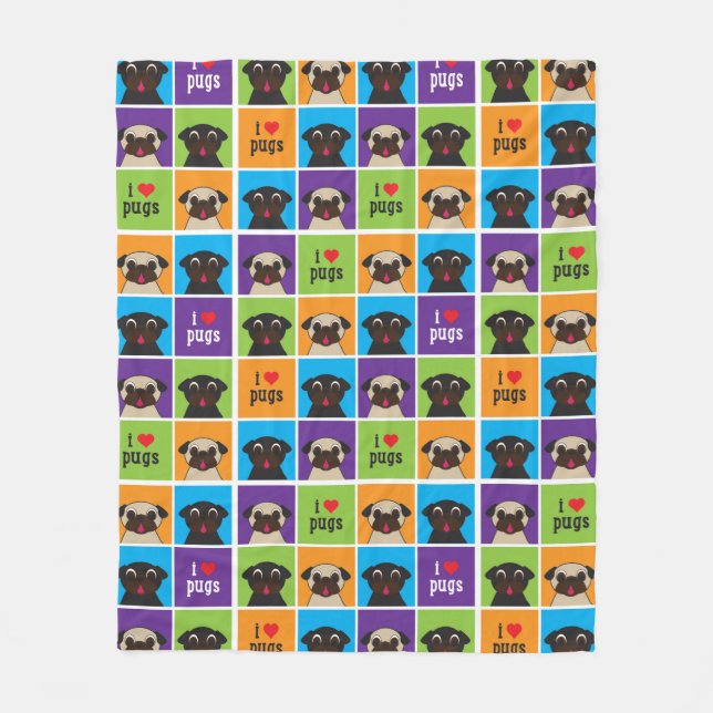 I Love Pugs Color Square Fleece Blanket II (Front)