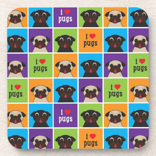I Love Pugs Color Squares Coaster Set