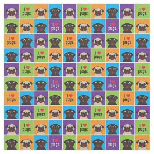 I Love Pugs Color Squares Fabric