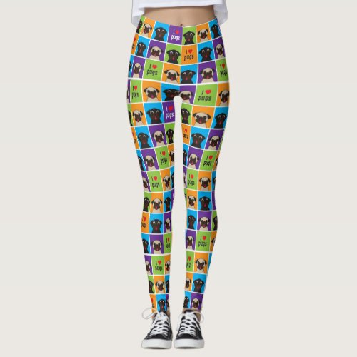 I Love Pugs Color Squares Fawn and Black Pugs Leggings