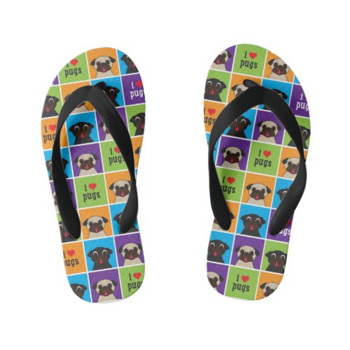 I Love Pugs Color Squares Kids Flip Flops