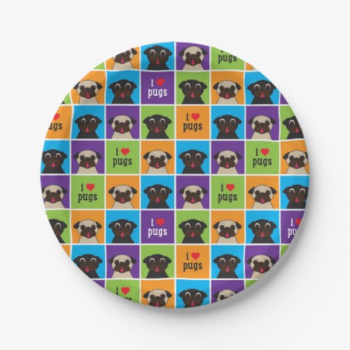 I Love Pugs Color Squares Party Paper Plates