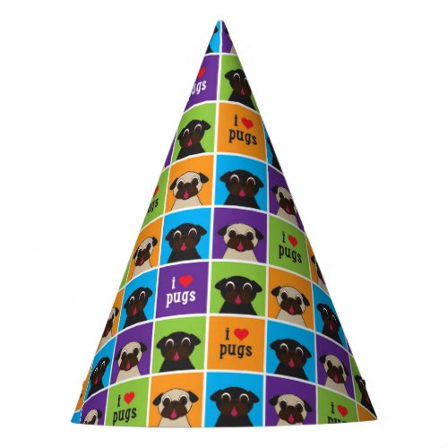 I Love Pugs Color Squares Pattern Party Hat