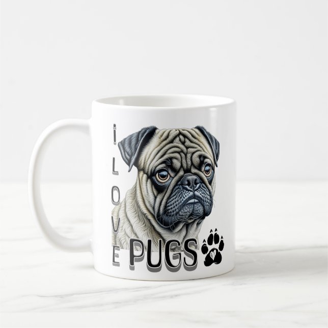 I Love Pugs | Cute Dog Owners Coffee Mug (Left)