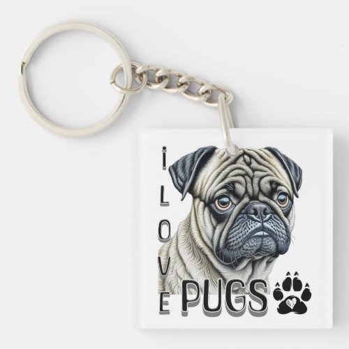I Love Pugs  Cute Dog Owners Keychain