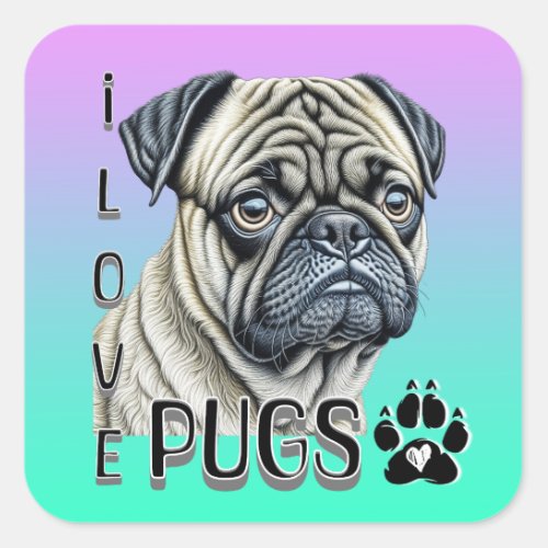 I Love Pugs  Cute Dog Owners Square Sticker