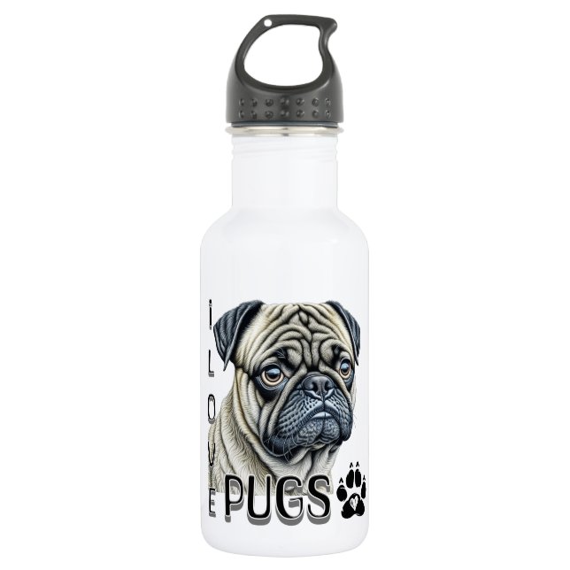 I Love Pugs | Cute Dog Owners Stainless Steel Water Bottle (Front)
