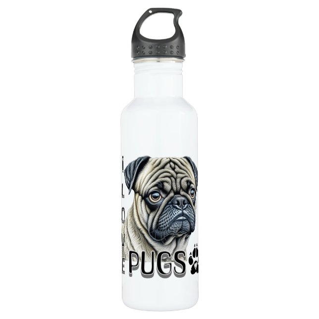 I Love Pugs | Cute Dog Owners Stainless Steel Water Bottle (Front)
