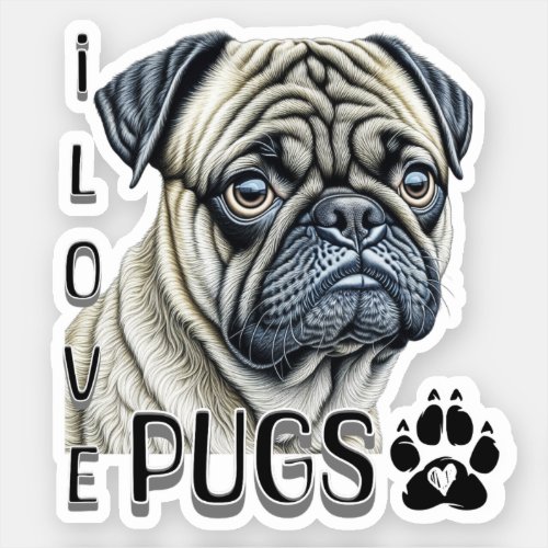 I Love Pugs  Cute Dog Owners Sticker