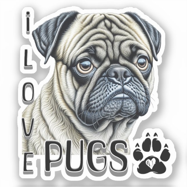 I Love Pugs | Cute Dog Owners Sticker (Front)