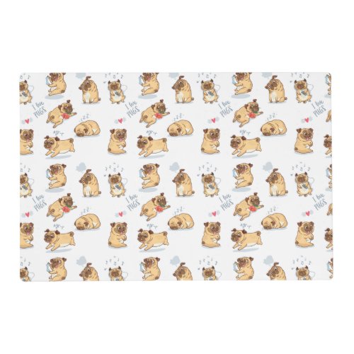 I Love Pugs Funny Cartoon Laminated Placemat