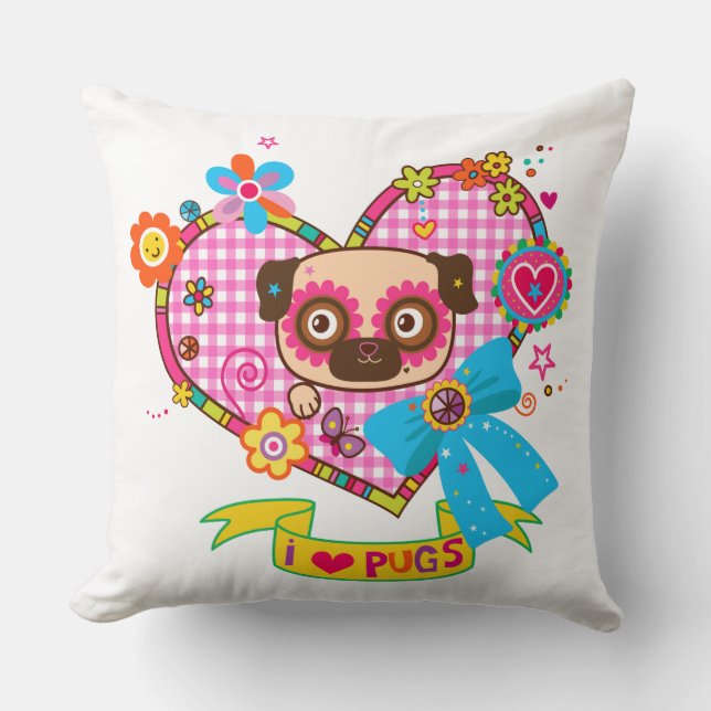 I Love Pugs! Pillow (Front)