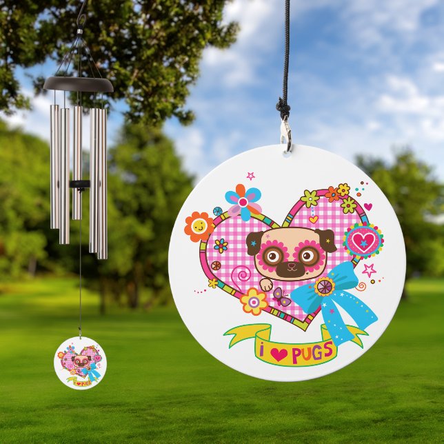 I Love Pugs! Windchimes Wind Chime (Outdoor)
