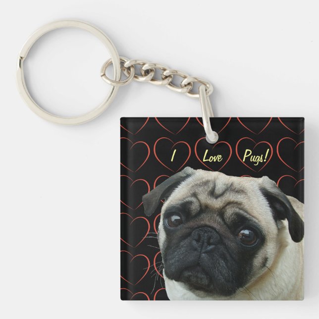 I Love Pugs with Hearts Keychain (Front)