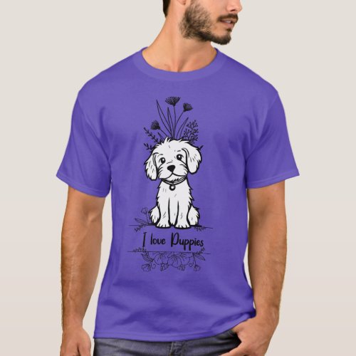 I Love Puppies Floral Art T_Shirt