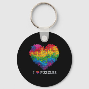 I Love Puzzles Jigsaw Puzzle Heart Rainbow For Men Keychain