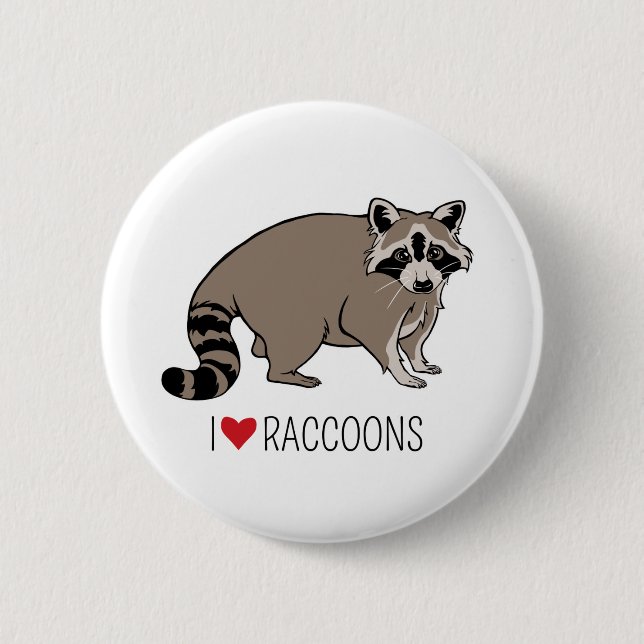 I Love Raccoons - Cartoon Raccoon Pinback Button (Front)